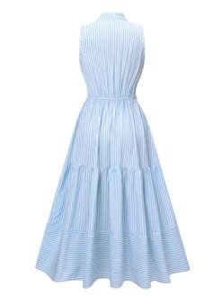Sky Blue 1940s Stripes Stand Collar Dress 8 Sky Blue 1940s Stripes Stand Collar Dress -BUNBUN Fancy Clothing Shop SCHL004375 3