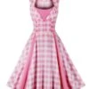 Pink 1950s Gingham Plaid Sleeveless Dress -BUNBUN Fancy Clothing Shop SCHL004401 P 2