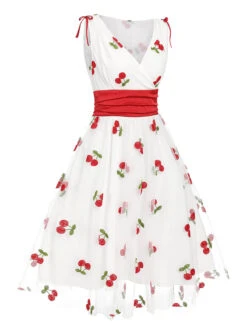 [Pre-Sale] White 1950s Embroidered Cherry Mesh Dress -BUNBUN Fancy Clothing Shop SCHL004436 2