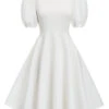 1950s Round Neck Puff Sleeve A-Line Dress