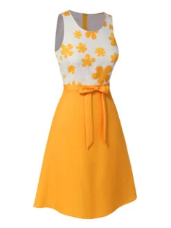 [Pre-Sale] Yellow 1960s Floral Bow Sleeveless Dress -BUNBUN Fancy Clothing Shop SCHL004458 3