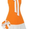 [Plus Size] Orange 1960s Bow Patchwork Sleeveless Dress -BUNBUN Fancy Clothing Shop SCHL004466 01