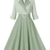 Pea Green Grey 1950s Plaid Roll Up Belt Dress -BUNBUN Fancy Clothing Shop SCHL004513 1 f1ab454b 05ba 4f35 a40e 3d3df5d510cb