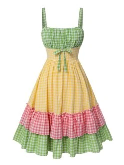 [Pre-Sale] Multicolor 1950s Spaghetti Straps Plaid Patchwork Dress -BUNBUN Fancy Clothing Shop SCHL004547 1