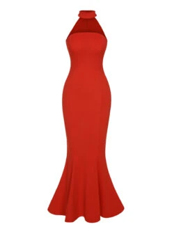 Retro 1930s Solid Halter Mermaid Dress