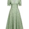 Green 1940s V-Neck Floral Lantern Sleeves Dress 1 Green 1940s V-Neck Floral Lantern Sleeves Dress -BUNBUN Fancy Clothing Shop SCHL004576 1