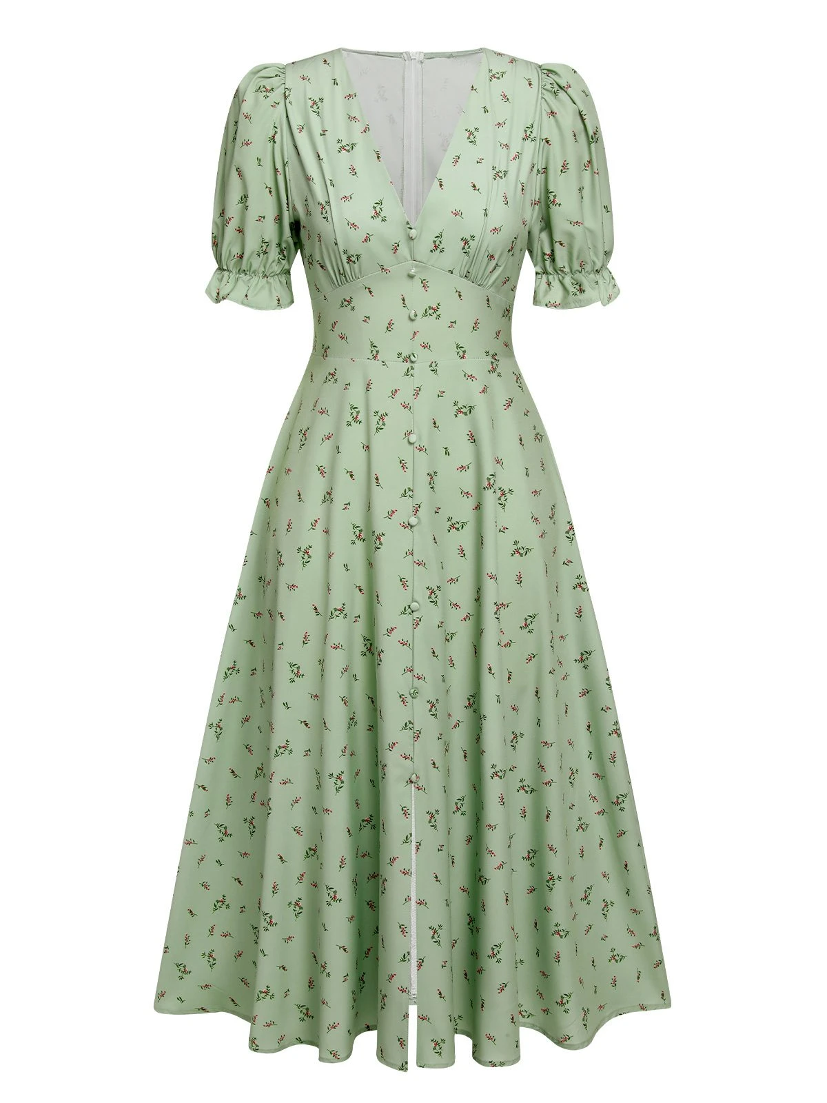 Green 1940s V-Neck Floral Lantern Sleeves Dress 3 Green 1940s V-Neck Floral Lantern Sleeves Dress