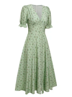 Green 1940s V-Neck Floral Lantern Sleeves Dress 7 Green 1940s V-Neck Floral Lantern Sleeves Dress -BUNBUN Fancy Clothing Shop SCHL004576 2
