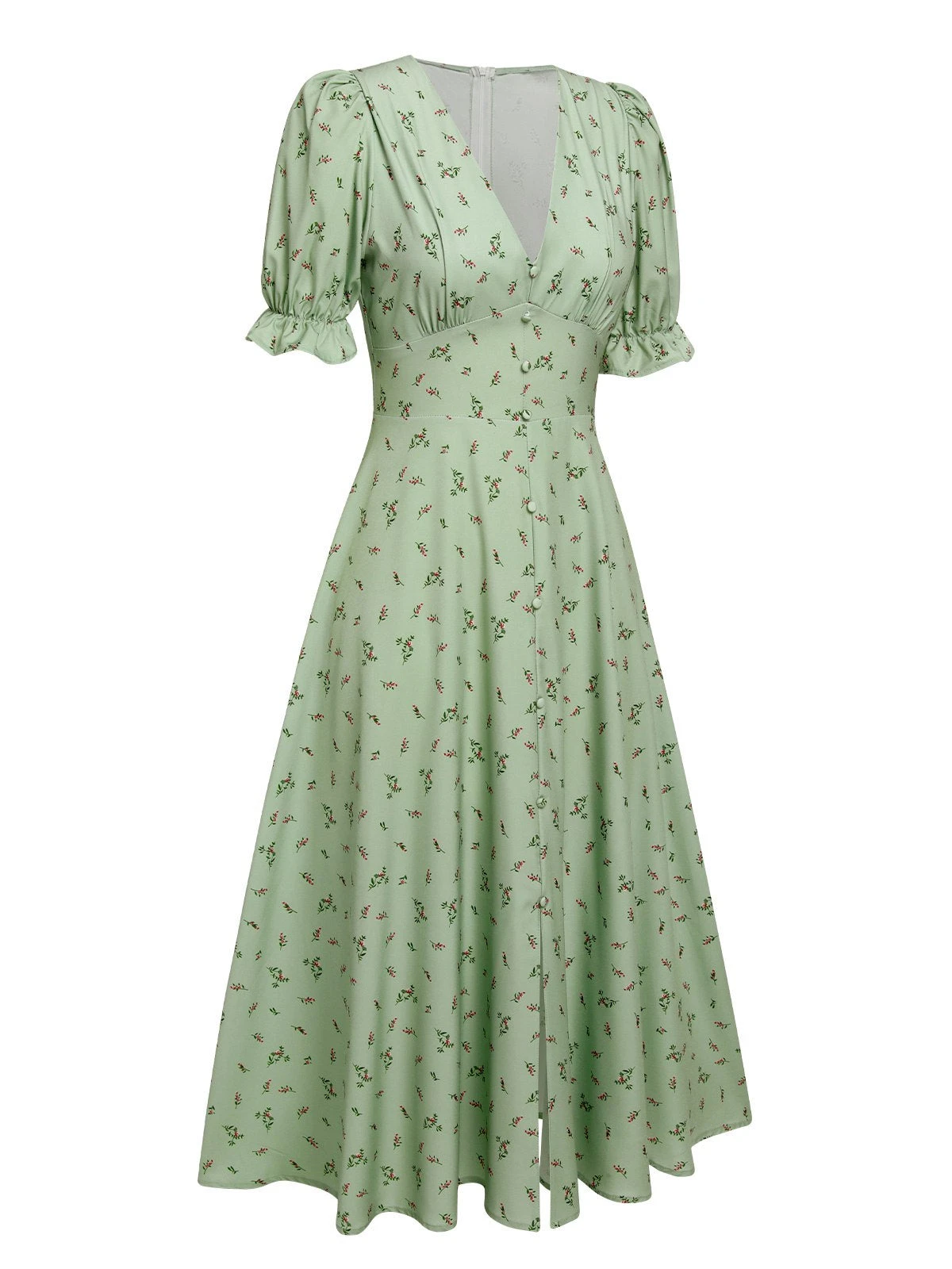 Green 1940s V-Neck Floral Lantern Sleeves Dress 4 Green 1940s V-Neck Floral Lantern Sleeves Dress - Image 2