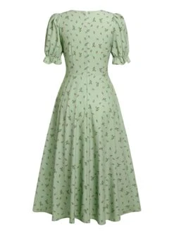 Green 1940s V-Neck Floral Lantern Sleeves Dress 8 Green 1940s V-Neck Floral Lantern Sleeves Dress -BUNBUN Fancy Clothing Shop SCHL004576 3