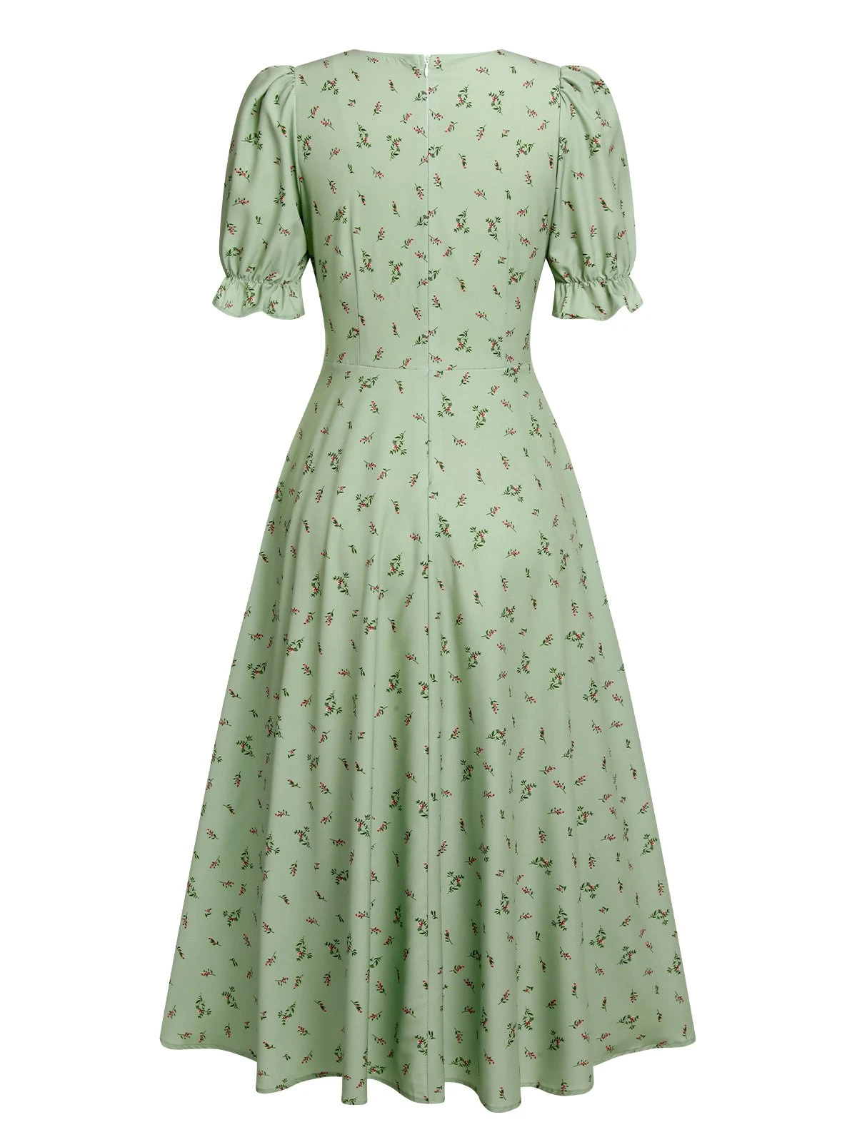 Green 1940s V-Neck Floral Lantern Sleeves Dress 5 Green 1940s V-Neck Floral Lantern Sleeves Dress - Image 3