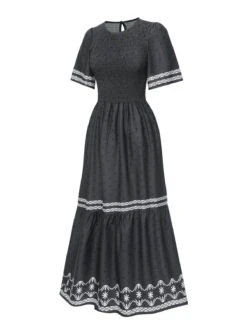 Gray 1940s Smocked Dots Moderate Maxi Dress -BUNBUN Fancy Clothing Shop SCHL004634 3
