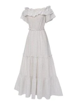 White 1940s Off-ShoulderDitsy Floral Dress 8 White 1940s Off-ShoulderDitsy Floral Dress -BUNBUN Fancy Clothing Shop SCHL004636 3