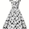 White 1950s Black Flowers Tie-Up Dress -BUNBUN Fancy Clothing Shop SCHL004681 W 3