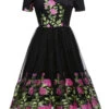 Black 1950s Peony Embroidery Dress -BUNBUN Fancy Clothing Shop SCV000030 PU 1