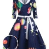 Dark Blue 1950s Moon Star Swing Dress -BUNBUN Fancy Clothing Shop SCV002569 PAT1 2