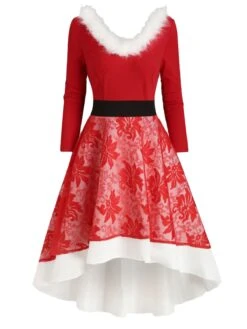 Red 1950s Lace Patchwork Furry Dress -BUNBUN Fancy Clothing Shop SCV003517 PAT1 1