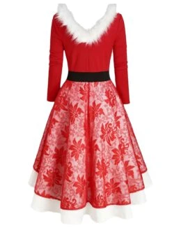 Red 1950s Lace Patchwork Furry Dress -BUNBUN Fancy Clothing Shop SCV003517 PAT1 3