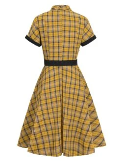 Mustard 1950s Plaid Belt Swing Dress -BUNBUN Fancy Clothing Shop SCV004291 2