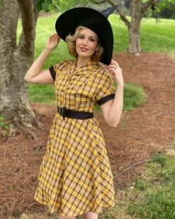 Mustard 1950s Plaid Belt Swing Dress -BUNBUN Fancy Clothing Shop SCV004291 YDL1 M 2