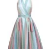 Rainbow 1950s Stripe Pocket Swing Dress -BUNBUN Fancy Clothing Shop SCV005122 1