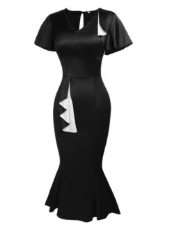 Black 1960s Patchwork Fishtail Bodycon Dress 11 Black 1960s Patchwork Fishtail Bodycon Dress -BUNBUN Fancy Clothing Shop SCV007837 B 2