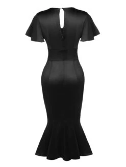 Black 1960s Patchwork Fishtail Bodycon Dress 12 Black 1960s Patchwork Fishtail Bodycon Dress -BUNBUN Fancy Clothing Shop SCV007837 B 3