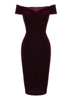 Wine Red 1960s Velvet Bodycon Vintage Dress -BUNBUN Fancy Clothing Shop SCV009605 1