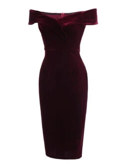 Wine Red 1960s Velvet Bodycon Vintage Dress -BUNBUN Fancy Clothing Shop SCV009605 2