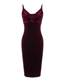 2PCS Wine Red 1960s Velvet Bodycon Dress -BUNBUN Fancy Clothing Shop SCV009606 2