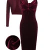 2PCS Wine Red 1960s Velvet Bodycon Dress