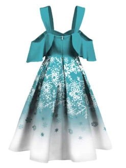 Blue 1950s Off Shoulder Snowflake Dress -BUNBUN Fancy Clothing Shop SCV011454 3