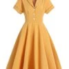 Yellow 1950s Solid Buttoned Swing Dress 2 Yellow 1950s Solid Buttoned Swing Dress -BUNBUN Fancy Clothing Shop SCV014894 Y