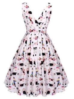 White 1950s Pleated Pockets Swing Dress -BUNBUN Fancy Clothing Shop SCV015901 3