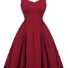 Wine Red 1950s Lace Solid Swing Dress