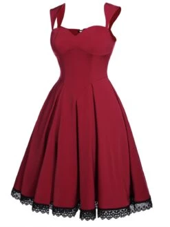 Wine Red 1950s Lace Solid Swing Dress -BUNBUN Fancy Clothing Shop SCV015968 2