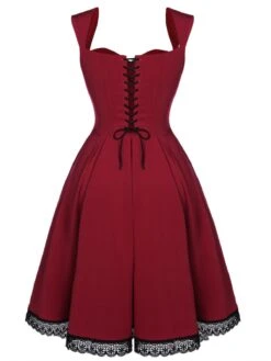 Wine Red 1950s Lace Solid Swing Dress -BUNBUN Fancy Clothing Shop SCV015968 3