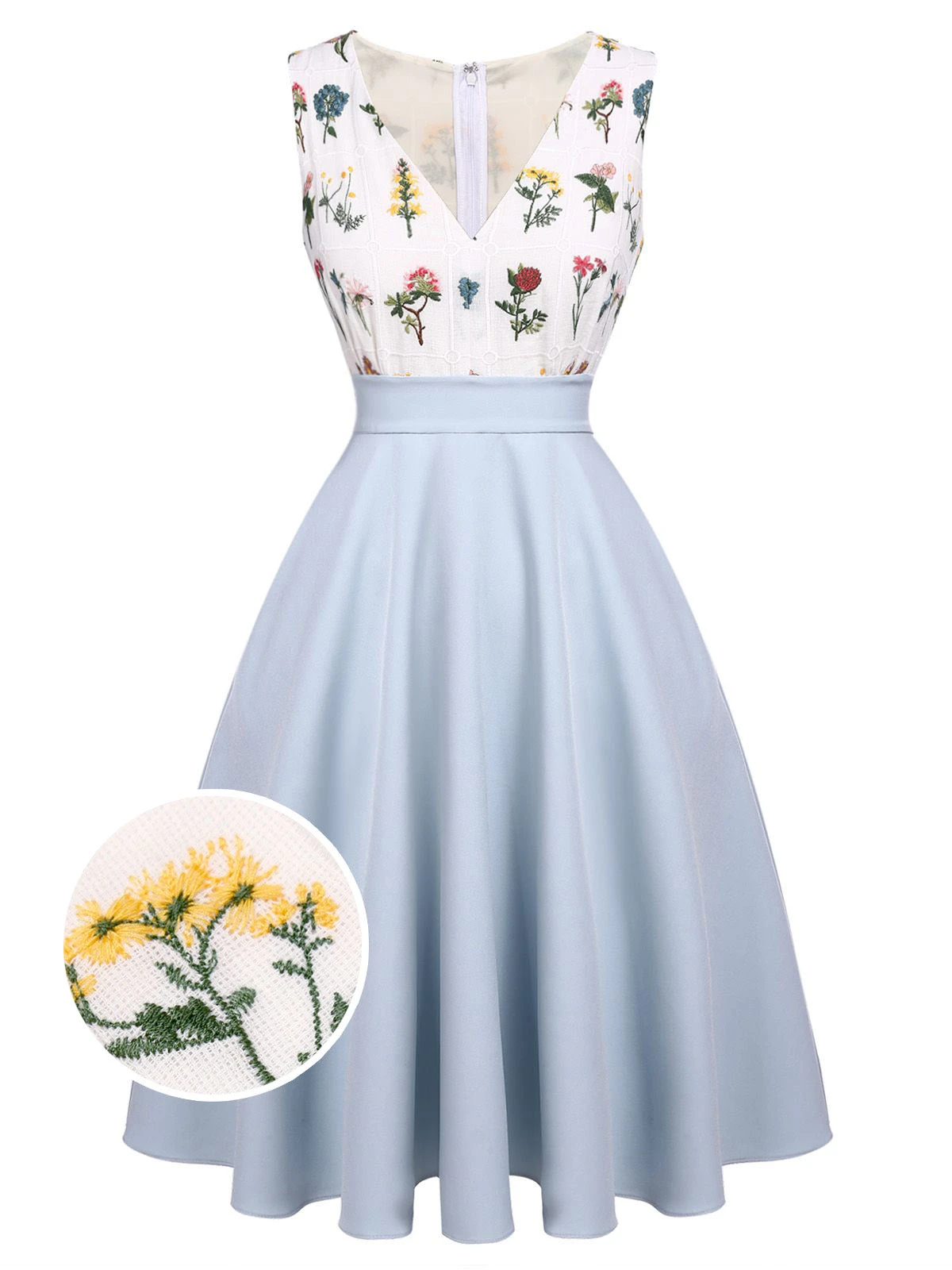 Blue 1950s Embroidery Pockets Swing Dress 3 Blue 1950s Embroidery Pockets Swing Dress