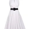 White 1950s Halter Belted Swing Dress -BUNBUN Fancy Clothing Shop SCV016217 1 1