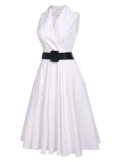 White 1950s Halter Belted Swing Dress -BUNBUN Fancy Clothing Shop SCV016217 2