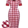 Red 1960s Checked Pockets Pencil Dress -BUNBUN Fancy Clothing Shop SCV016327 01