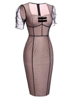 Pink 1960s Polka Dot Mesh Pencil Dress 13 Pink 1960s Polka Dot Mesh Pencil Dress -BUNBUN Fancy Clothing Shop SCV016485 2