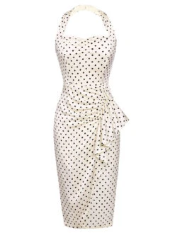 Ivory 1960s Polka Dot Halter Pencil Dress -BUNBUN Fancy Clothing Shop SCV016661 1 1