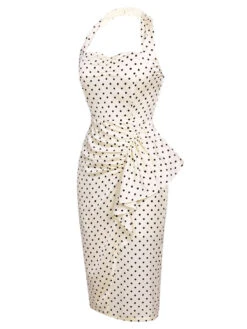 Ivory 1960s Polka Dot Halter Pencil Dress -BUNBUN Fancy Clothing Shop SCV016661 2