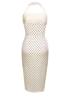 Ivory 1960s Polka Dot Halter Pencil Dress -BUNBUN Fancy Clothing Shop SCV016661 3