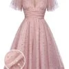 Pink 1950s Star Sequin Lace Swing Dress -BUNBUN Fancy Clothing Shop SCV017382 01