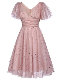 Pink 1950s Star Sequin Lace Swing Dress 13 Pink 1950s Star Sequin Lace Swing Dress -BUNBUN Fancy Clothing Shop SCV017382 2