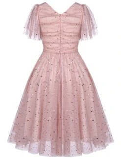 Pink 1950s Star Sequin Lace Swing Dress 14 Pink 1950s Star Sequin Lace Swing Dress -BUNBUN Fancy Clothing Shop SCV017382 3