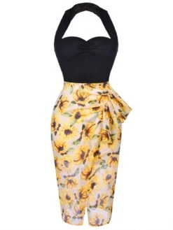 Black 1960s Halter Sunflower Pencil Dress -BUNBUN Fancy Clothing Shop SCV017753 1