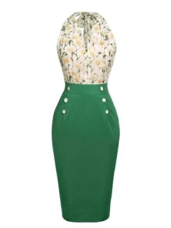 [Pre-Sale] 1960s Floral Lace-up Button Pencil Dress